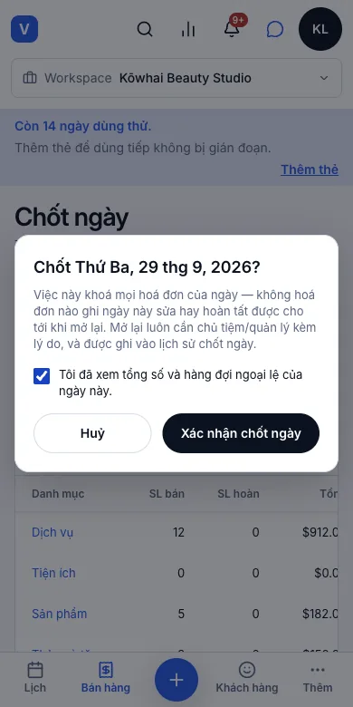 Chốt ngày, kiểm tiền mặt, khoá sổ — Xác nhận chốt ngày — Điện thoại