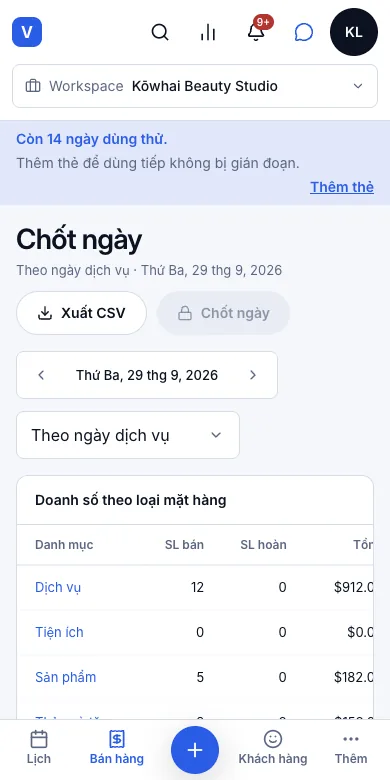 Chốt ngày, kiểm tiền mặt, khoá sổ — Chốt ngày — doanh số theo loại mặt hàng — Điện thoại