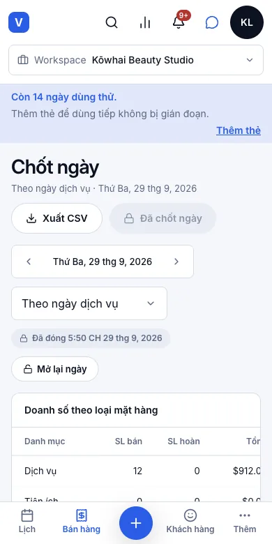 Chốt ngày, kiểm tiền mặt, khoá sổ — Kết quả — Đã chốt ngày, 5:50 CH 29/9/2026 — Điện thoại