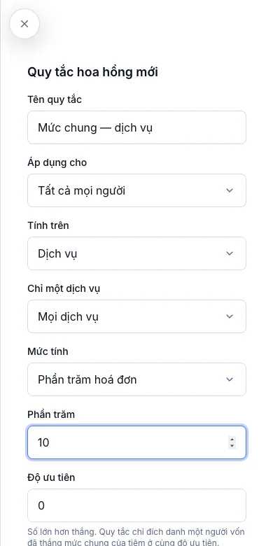 Hoa hồng và lương nhân viên (một phần) — Mức chung 10% cho dịch vụ — Điện thoại