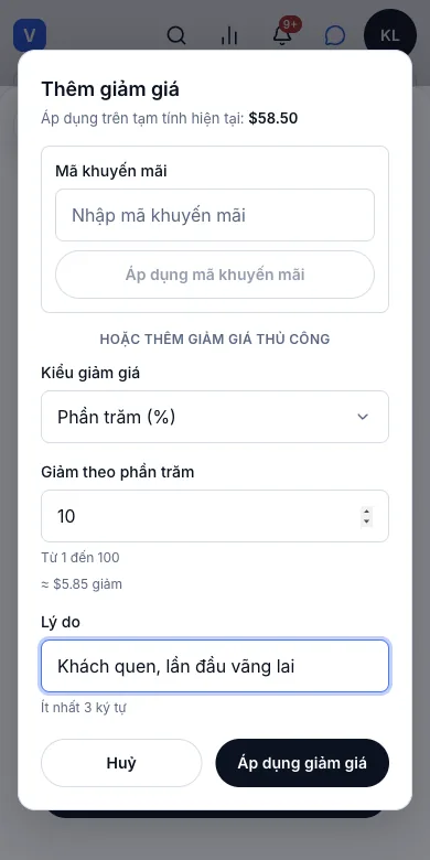 Giảm giá, có phân quyền và bắt buộc ghi lý do — Giảm 10%, có ghi lý do — Điện thoại