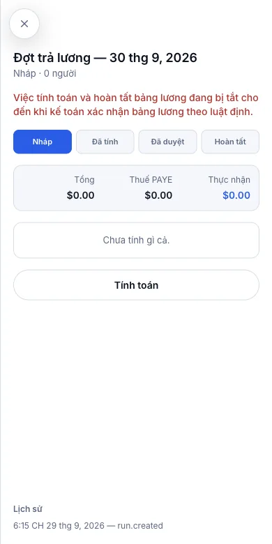 Hoa hồng và lương nhân viên (một phần) — Kết quả — một đợt nháp; nút Tính toán tạm thời bị tắt — Điện thoại