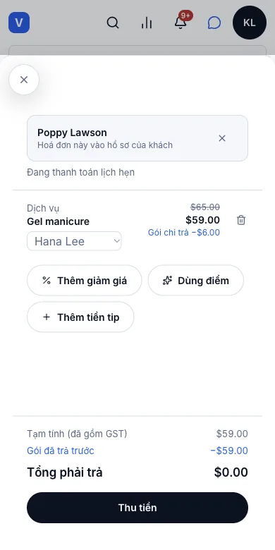 Bán gói trả trước và dùng gói tại quầy — Đã trừ vào gói — phải trả $0.00 — Điện thoại