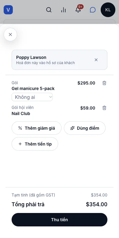 Bán gói trả trước và dùng gói tại quầy — Gói 5 lần và một gói hội viên trong cùng hoá đơn cho Poppy Lawson — Điện thoại