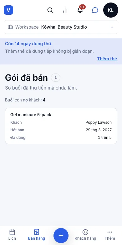 Bán gói trả trước và dùng gói tại quầy — Kết quả — đã dùng 1/5, còn nợ khách 4 buổi — Điện thoại