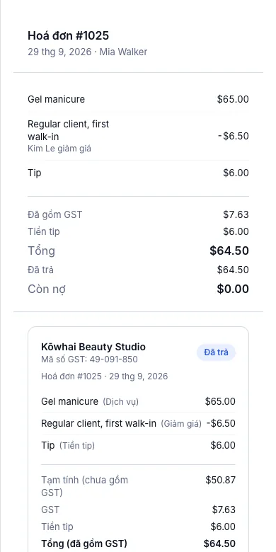 Tách 15% GST ra khỏi giá đã gồm thuế, theo cách NZ — Xem biên lai — mã số GST, các dòng, tạm tính chưa gồm GST — Điện thoại