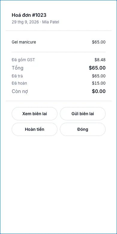 Hoàn tiền, đảo đủ cả ba vế sổ sách — Kết quả — Đã hoàn $15.00 — Điện thoại