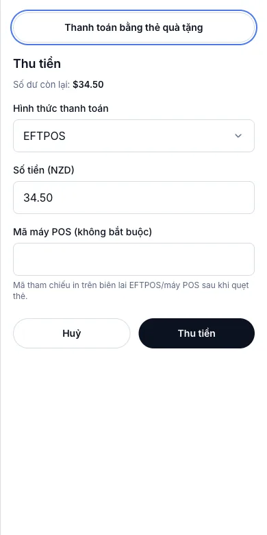 Bán tại quầy, chia nhiều hình thức thanh toán — Phần thứ hai — EFTPOS $34.50, đúng số còn lại — Điện thoại