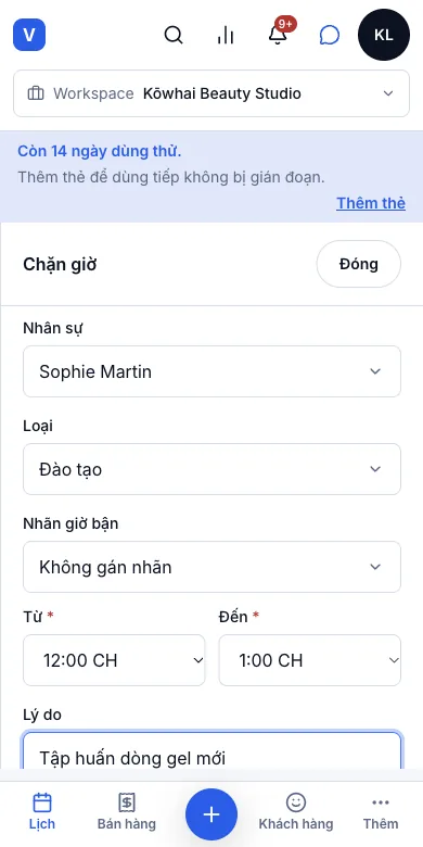 Chặn giờ (nghỉ giải lao, đào tạo, bảo trì) — Đào tạo cho Sophie, 12:00–13:00 — Điện thoại