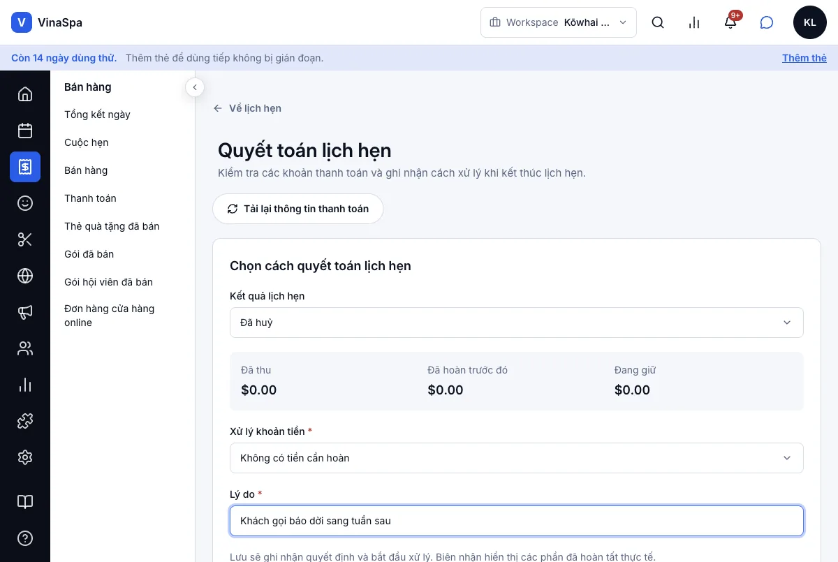 Đặt, đổi giờ và huỷ lịch hẹn — Bước 3–4 — Quyết toán lịch hẹn — Máy tính