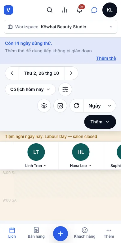 Ca làm theo tuần và ngày tiệm đóng cửa — Kết quả — lịch ngày 26/10 — Điện thoại