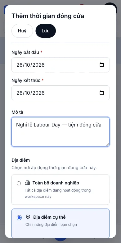Ca làm theo tuần và ngày tiệm đóng cửa — Labour Day, 26/10 — Điện thoại