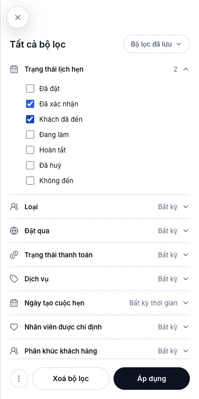 Lọc lịch theo nhiều tiêu chí — Chỉ hiện Đã xác nhận và Khách đã đến — Điện thoại
