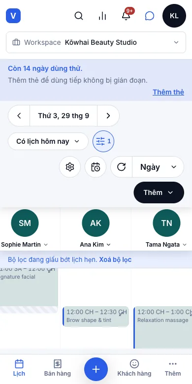 Lọc lịch theo nhiều tiêu chí — Kết quả — lượt đã xong và đang làm được ẩn đi — Điện thoại