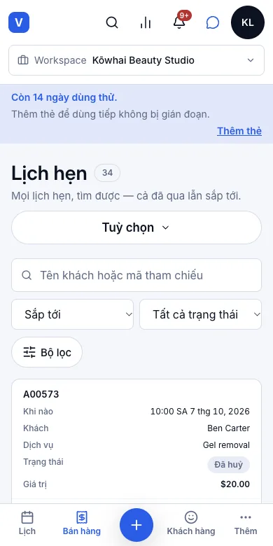 Danh sách lịch hẹn tìm được theo mã — Các lịch hẹn sắp tới — Điện thoại