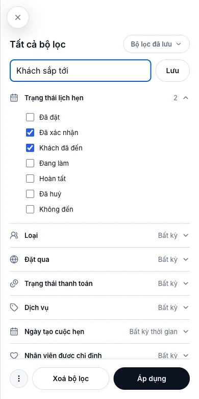 Lưu bộ lọc để dùng lại — Đặt tên cho bộ lọc — Điện thoại