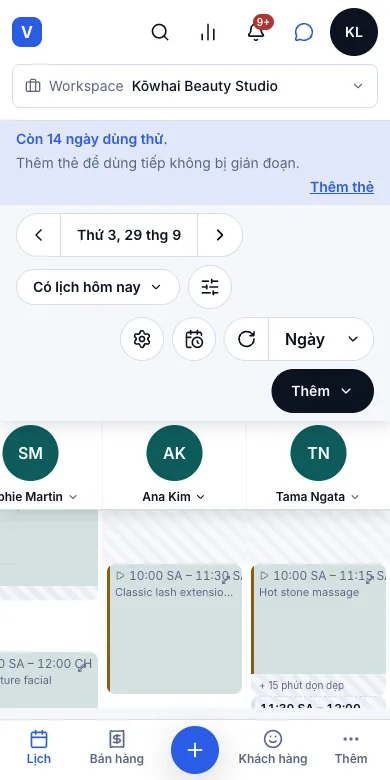Trạng thái lượt khách: đã đến, đang làm, hoàn tất, không đến — Kết quả — hoàn tất (✓) và đang làm (▷) trên lịch — Điện thoại