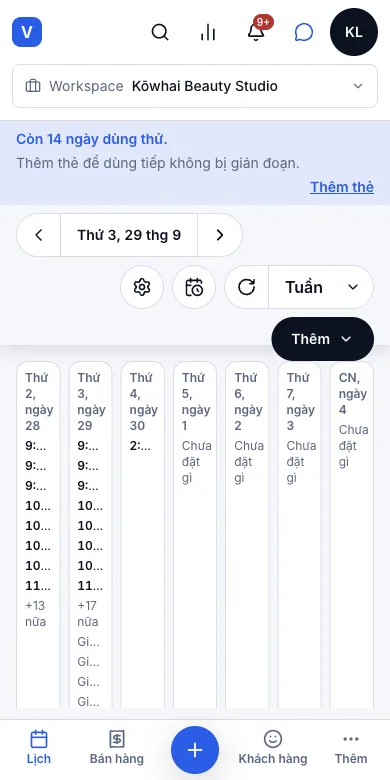 Kiểu xem lịch: ngày, 3 ngày, tuần, tháng — Kiểu xem tuần — Điện thoại