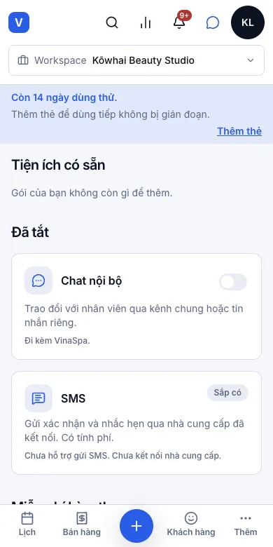Bật/tắt từng module cho tiệm mình — Kết quả — Chat nội bộ nằm trong Đã tắt — Điện thoại