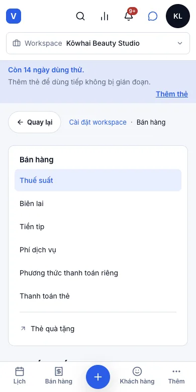 GST: bật/tắt, mã số, in trên hoá đơn — Thuế suất — đã đăng ký, kèm mã số GST — Điện thoại